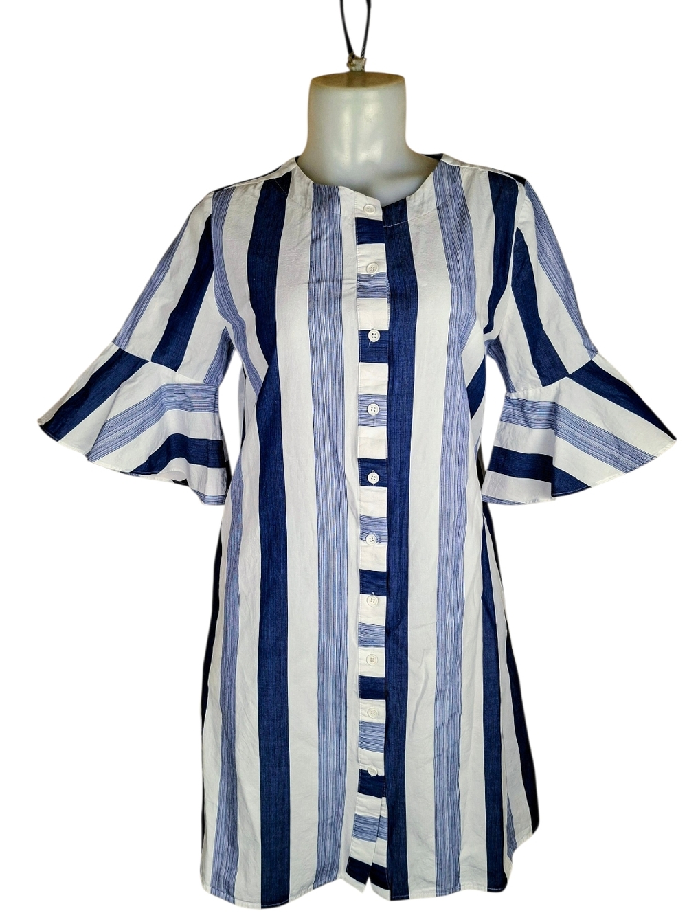 Alton Gray Blue and White Striped Flared Sleeve 100% Cotton Shirt Dress Size 8